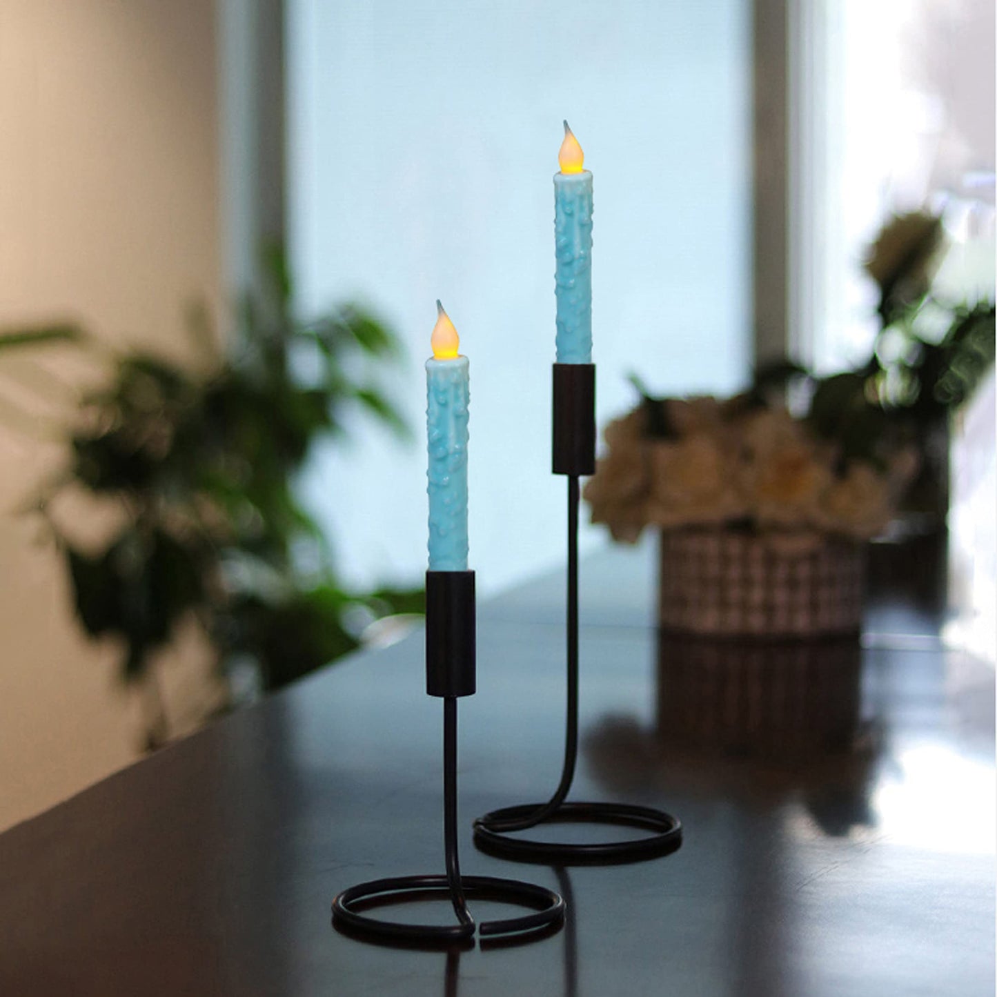 CVHOMEDECO. Real Wax Hand Dipped Battery Operated LED Timer Taper Candles Rustic Primitive Flameless Lights Decor, 6-3/4 Inch, Teal, 3 PCS in a Package
