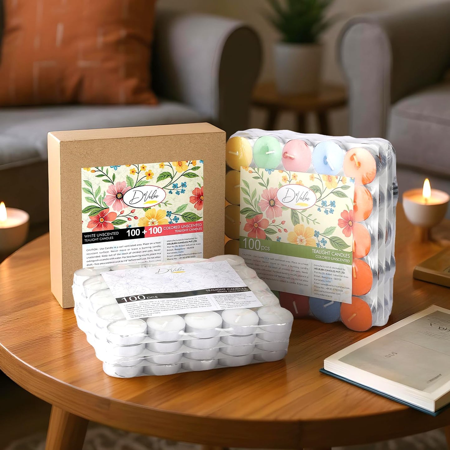DVelas™ Wax Tealight Candles - Pack of 200 | 100 White + 100 Multicolour | Unscented, Smokeless & Dripless | Long Burning Tealights for Diwali, Pooja, Home Décor & Party Use