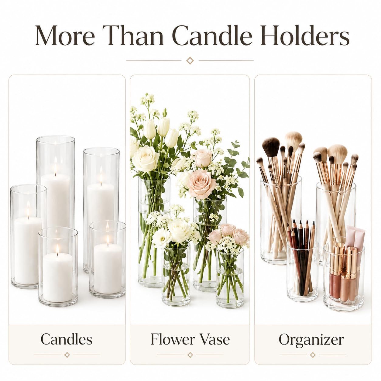 Set of 6 White Pillar Candles with Clear Glass Hurricane Holders- Elegant Cylinder Candle Vases for Weddings, Parties, Centerpieces, Home & Office Decor (White, 6 Set)