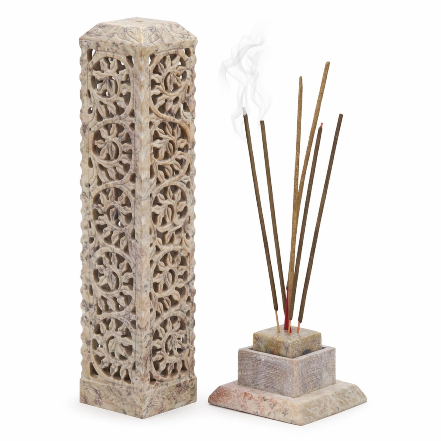Carry Me Handmade Marble Soapstone Incense Stick Burner | Candle Stick Holder | Tea Light Stand - Perfect Incense Tower for Gifting. Decorative Home and Kitchen Decor (3 x 3 x 11 Inches)