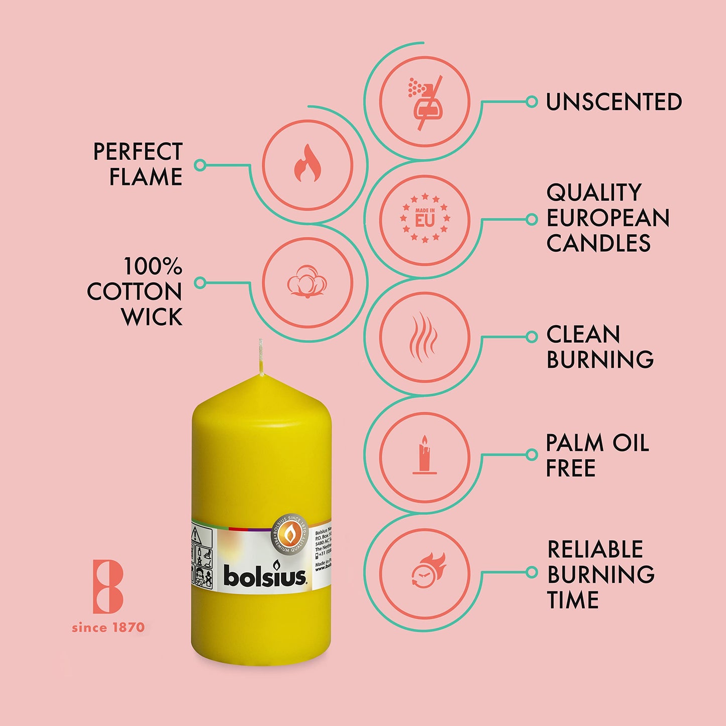 BOLSIUS 8 Yellow Pillar Candles - 2.75 x 5 Inches - Premium European Quality - Individually Wrapped - 43 Hours Burn Time - Dripless & Smokeless - Unscented Dinner, Wedding, Party, & Restaurant Candles