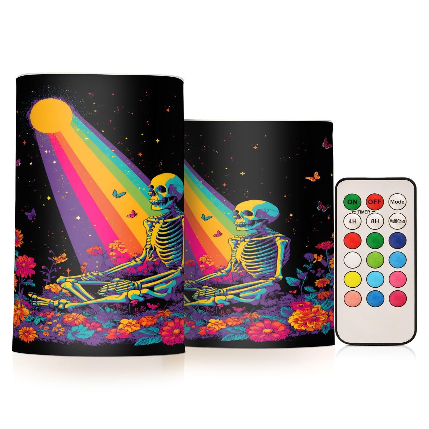 ALAZA Flameless Candles with Remote Timer,Rainbow Skull Battery Operated Candles Set of 2 LED Tea Lights Flickering Pillar Votive Candles for Indoor Outdoor Decor