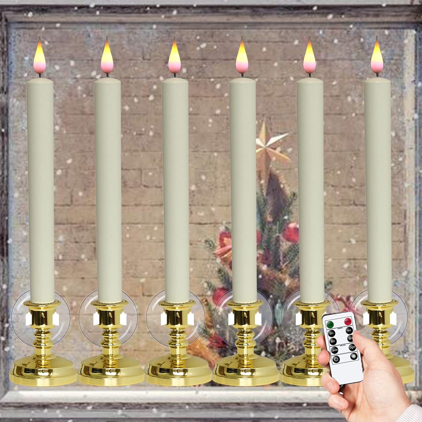 DRomance Christmas Flameless Window Taper Candles with 10-Key Remote and Timer, Battery Operated Real Flame Effect Realistic 3D Wick, 6 Pack Gold Holders and Suction Cups Included