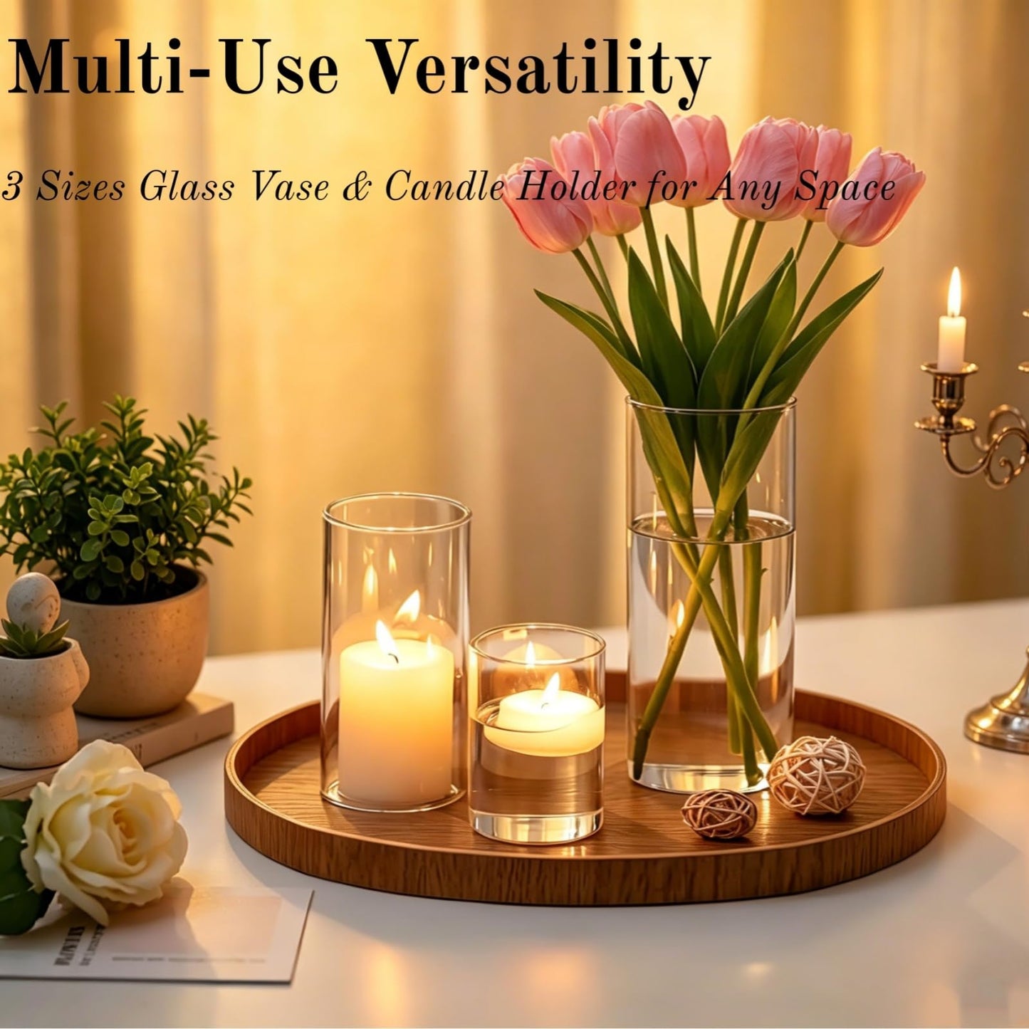 PNJHDZ Set of 12 Glass Cylinder Vases for Centerpieces with 8 Pack Vase Filler 12 Pearl String 24 White Floating Candles for Table Centerpieces for Wedding Party Home Decor 5, 6, 8 Inch