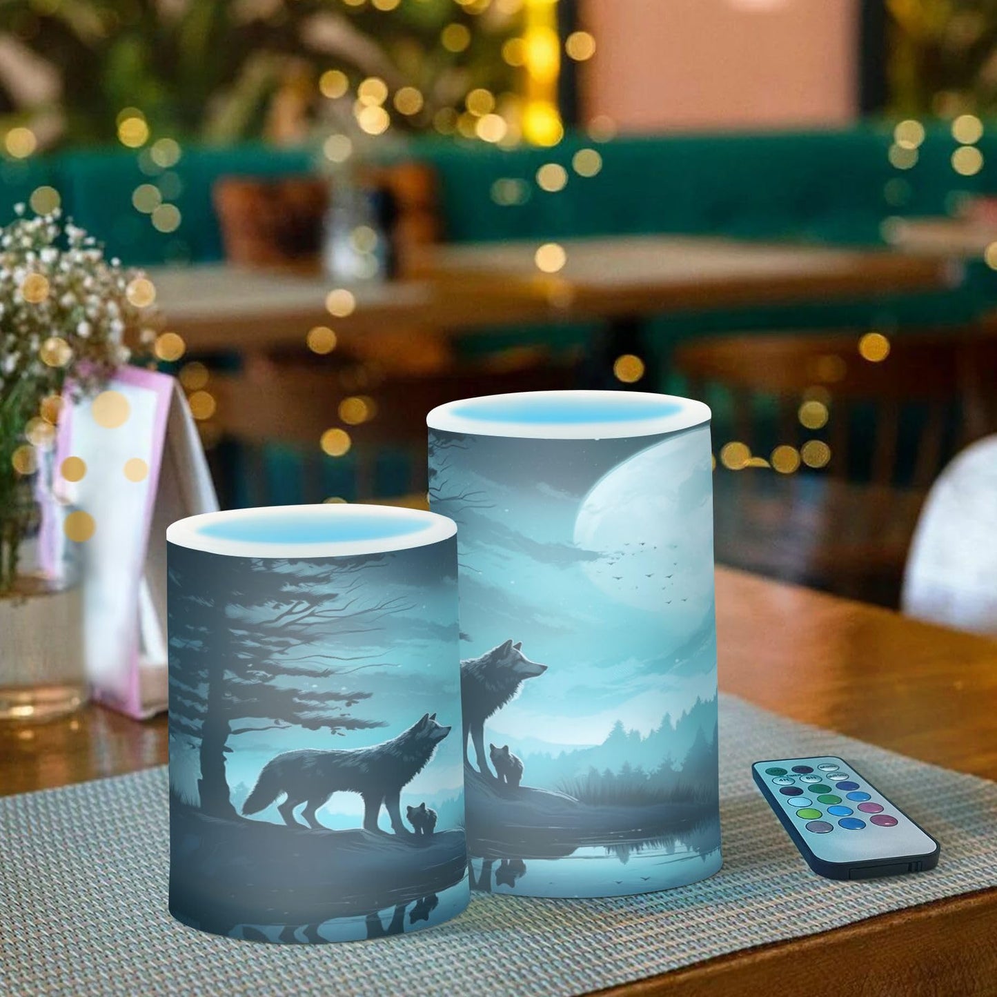 Blueangle Set of 2 Evening Moon Wolf Flameless Candles Battery Operated Flickering Pillar LED Plastics Candle Set with Remote Control Timer for Decorations