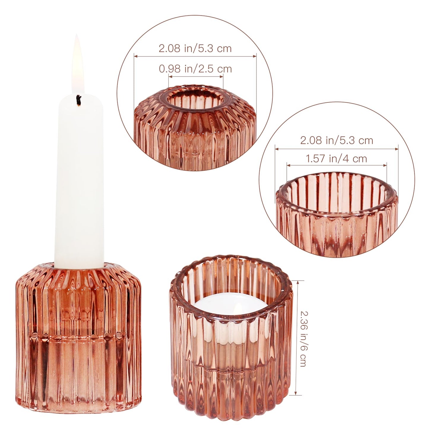 CHOCSTAY Reversible Rde Glass Candle Holder Set of 6, Thick Heat-Resistant Glass Candlestick Holders for Taper, Tealight, Votive, LED Candles, Perfect for Wedding, Party, Home Décor