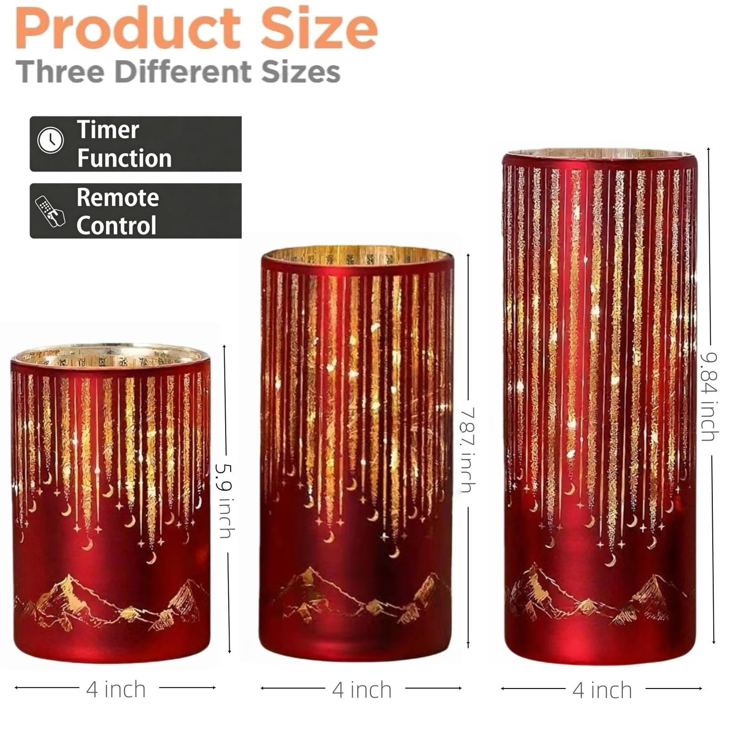 Ashroder Starry Night Elegant Hurricane Candleholders with LED Flickering Lights & Remote Timer, Decorative Glass Hurricanes for Indoor Table Centerpieces & Year-Round Home Decor, Set of 3 (Red)