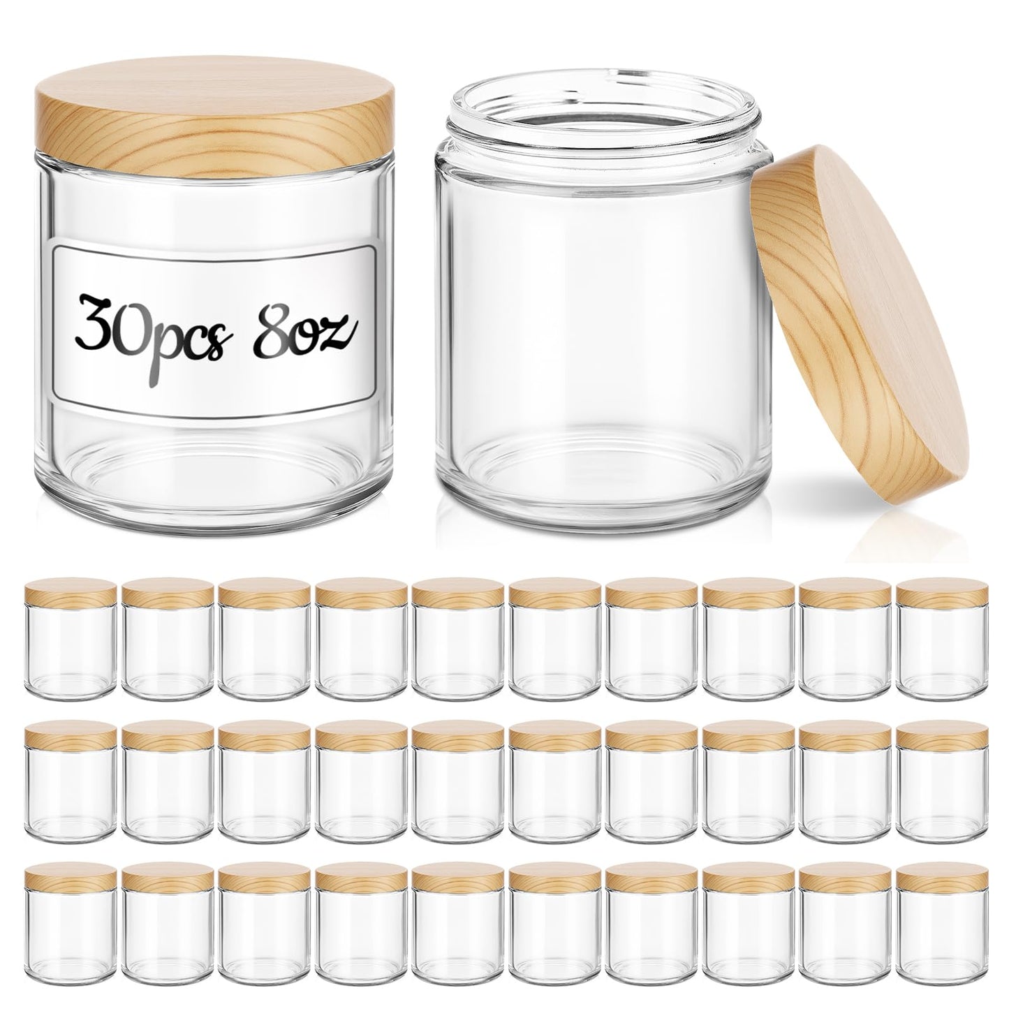8 oz Glass Jars with Lids, 30 Pack Clear Small Glass Jars with Woodgrain Lids Leakproof Round Airtight Empty Cosmetic Travel Containers for Lotions Powders and Candle Making