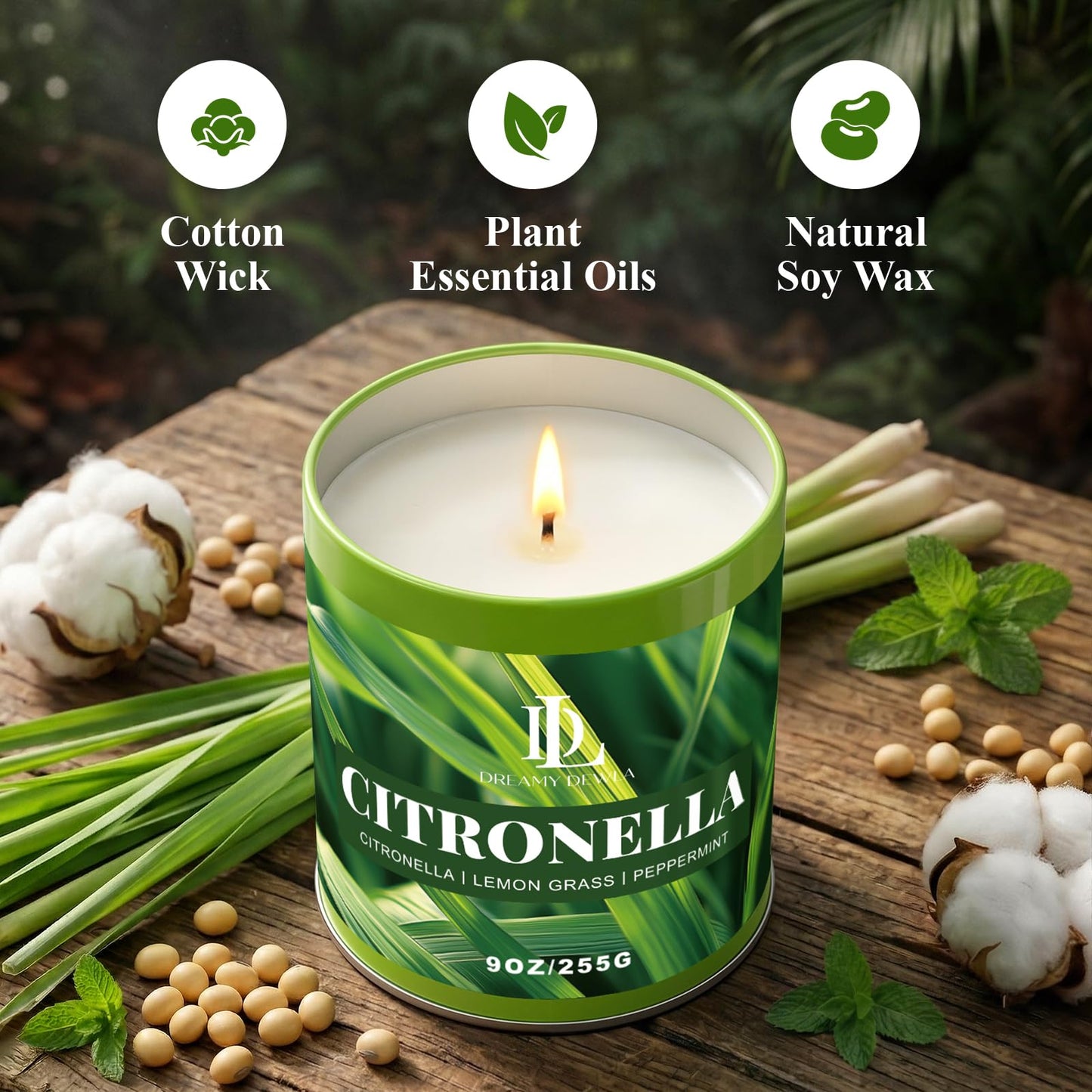 Citronella Candle Outdoor 4 Pack, 9oz Citronella Scented Candles for Outdoor Camping Patio, Natural Soy Wax with Essential Oils Non Toxic Candles, Summer Gifts for Outside Backyard Garden Picnic