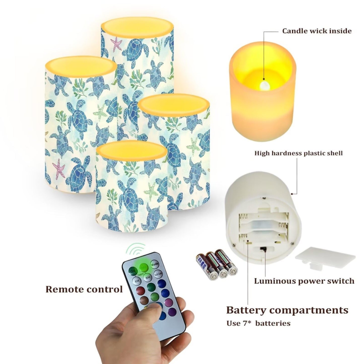 Merkmak Sea Turtle Battery Operated Flameless Candles with Remote and Timer Flameless LED Pillar Candles for Camping, Beach Weddings, Coastal Home Decoration Battery Tealights