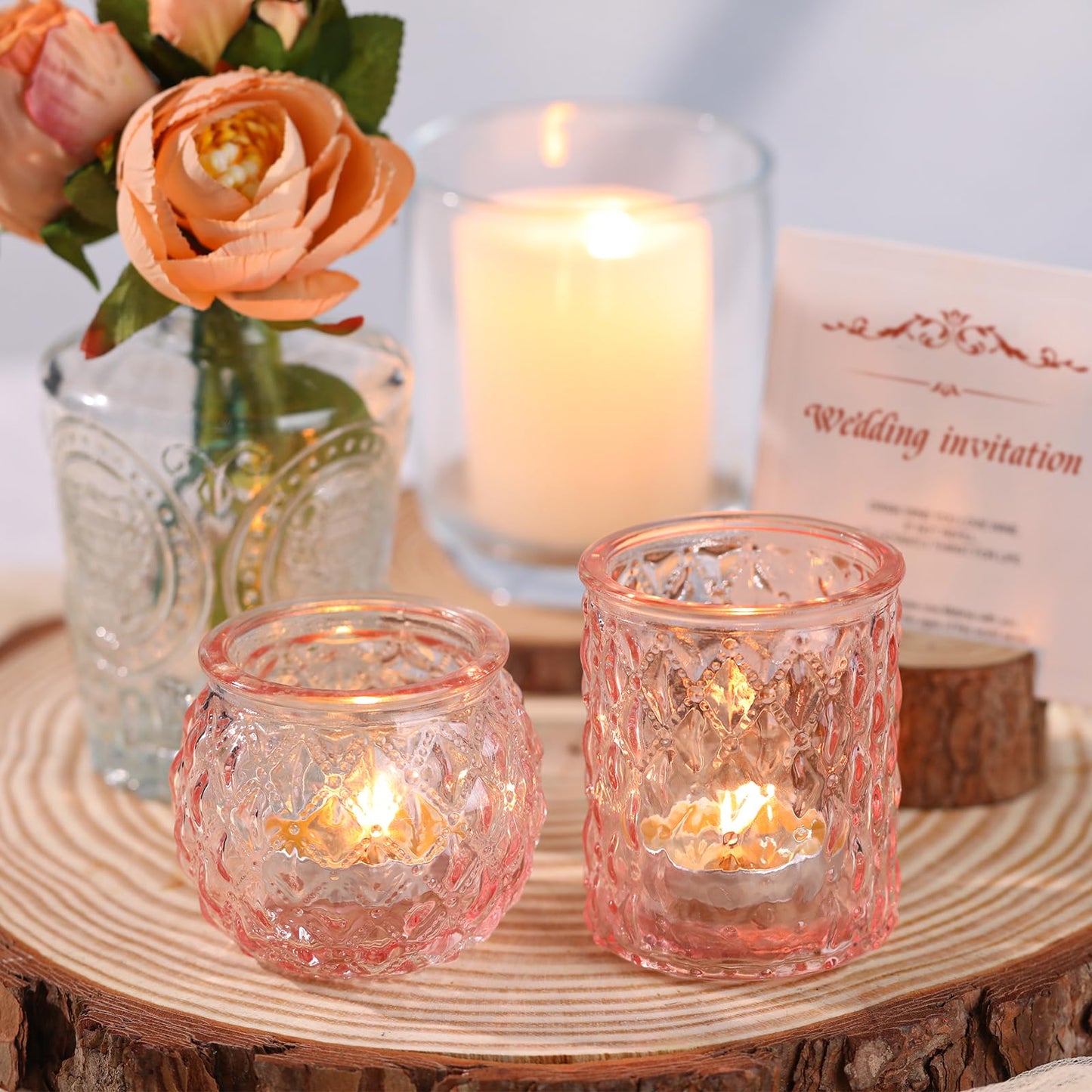 DARJEN Pink Votive Candle Holders Set of 24- Round Glass Candle Holders Bulk for Flameless LED Tea Waxes, Romantic Candle Holder for Wedding & Various Parties, Home Table Decor (Pack of 4)