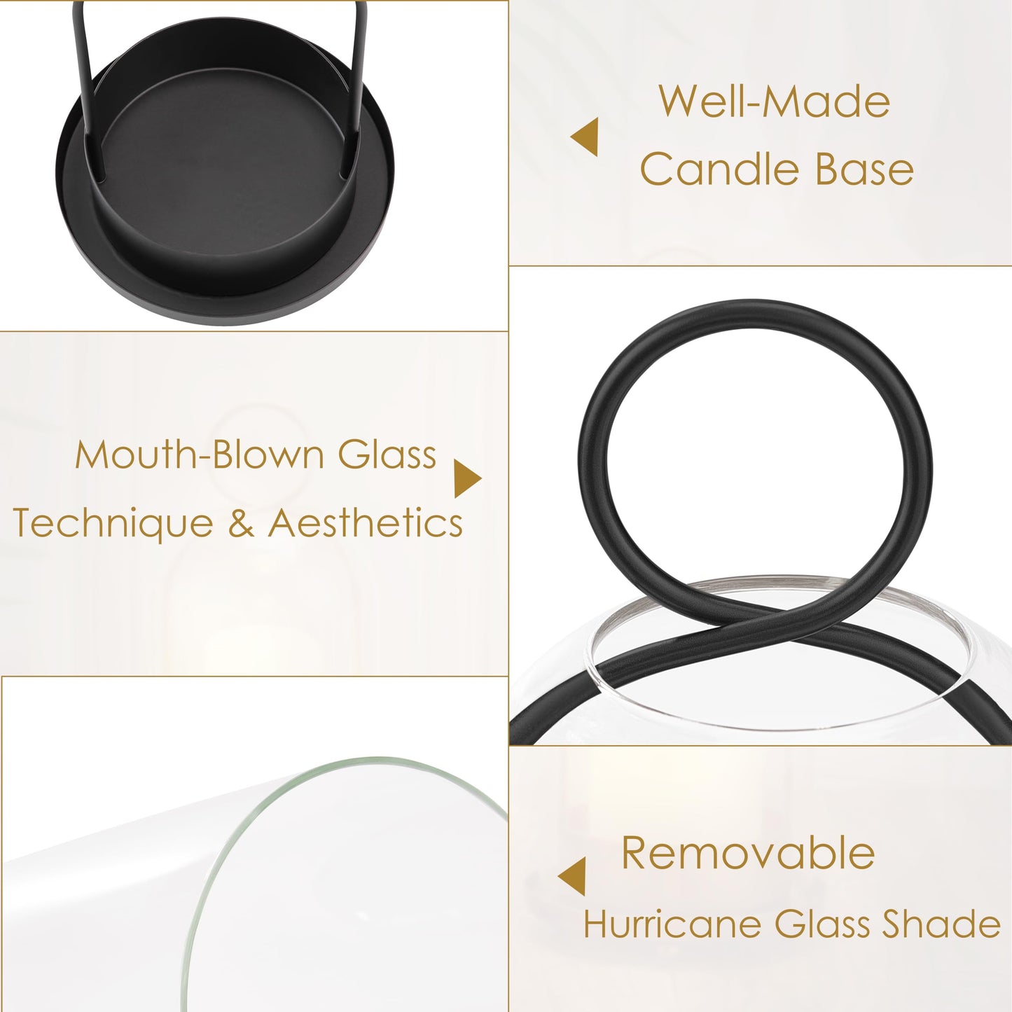 BUZFOWU Candle Holder Lanterns, Handcrafted Metal & Glass with Modern Aesthetic Design, Hurricane Pillar Candlestick Holders, Table or Hanging Decorations Set of 2, 5.1" & 4.4" Diameter, Black