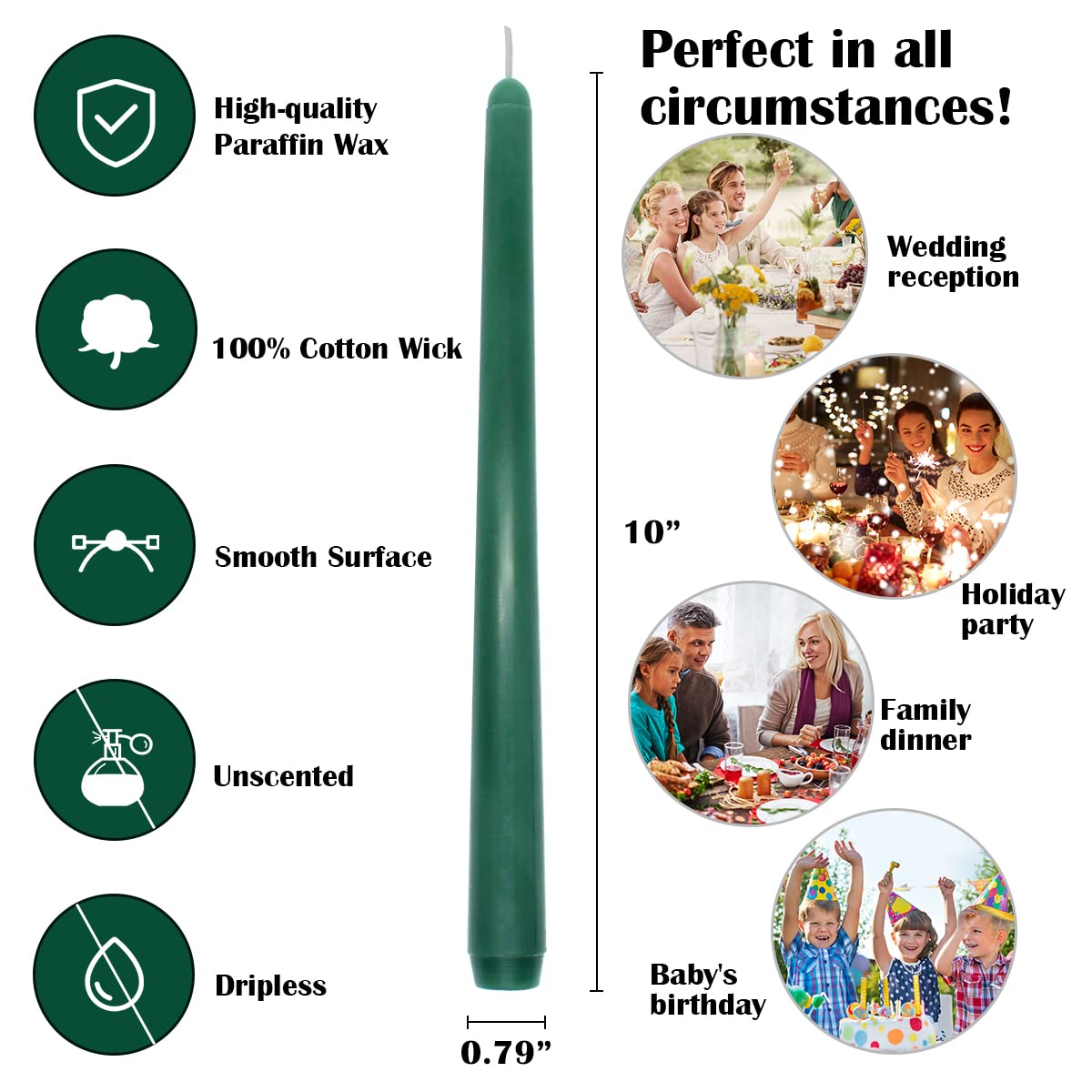 10 Inches Green Unscented Taper Candles for Spring and St. Patrick's Day, 20 Pcs 7/8 Inch Thin Candle Sticks for Dinner, Party, Christmas, Home Decoration and Emergency
