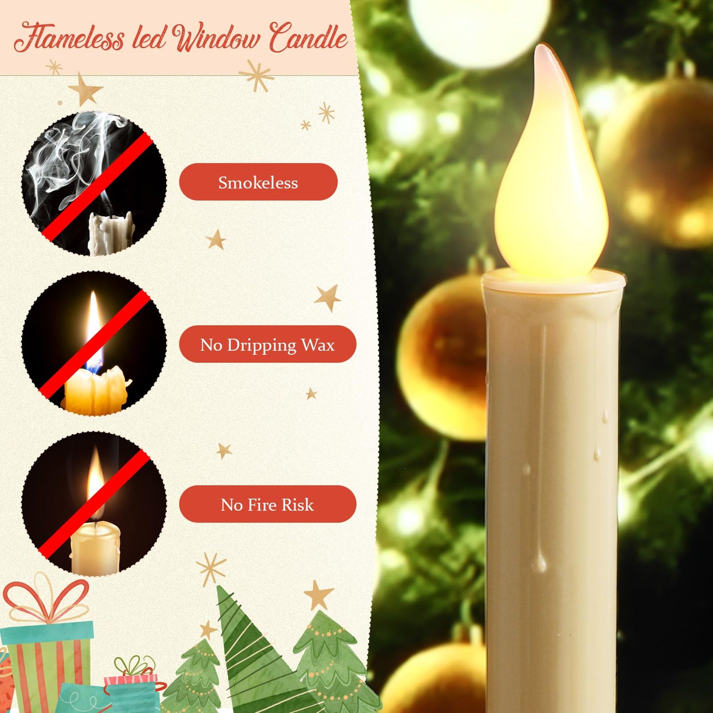Yungyan 12 Set 8.8 Inch Christmas Window Candles with Sensor Dusk to Dawn Bulk Battery Operated Window Lights with Suction Cups and Holders Flameless LED Taper Candles for Xmas Home Decor(Classic)