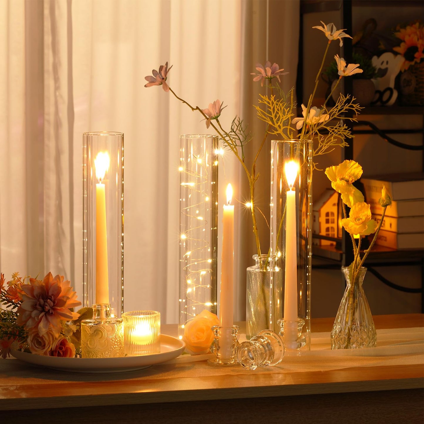 Teenyyou 36 Set Glass Hurricane Candle Holders Bulk 12.6" Open Ended Glass Candleholder Tube Shape Bottomless and 2.2" Taper Clear Candlestick Holders for Wedding Table Centerpiece (Clear)
