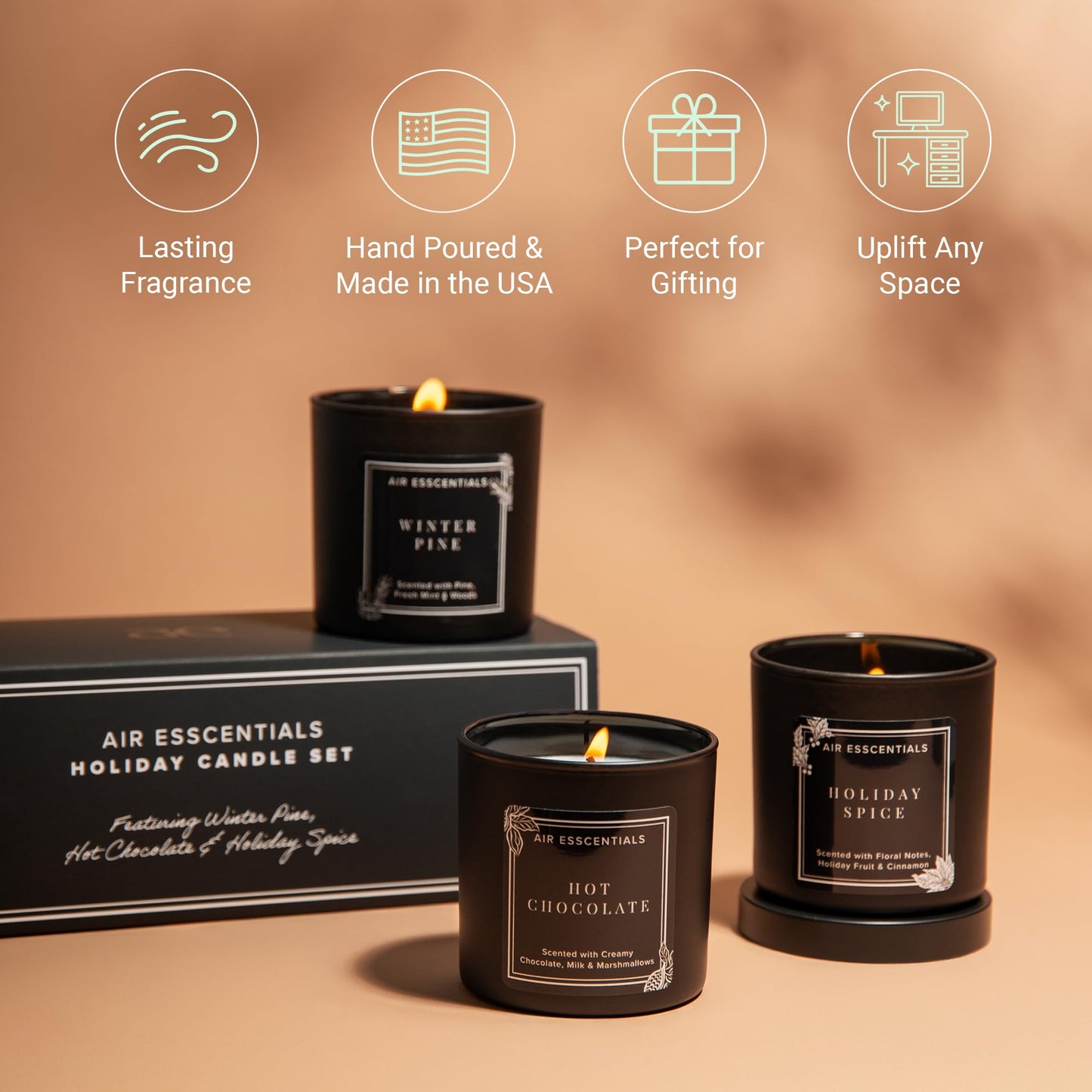 Air Esscentials Cozy Candle Gift Set, Luxury Scented Soy Candles with Winter Pine, Holiday Spice & Hot Chocolate, Hand Poured in USA, 15 Hour Clean Burn, 5 oz 3 Pack