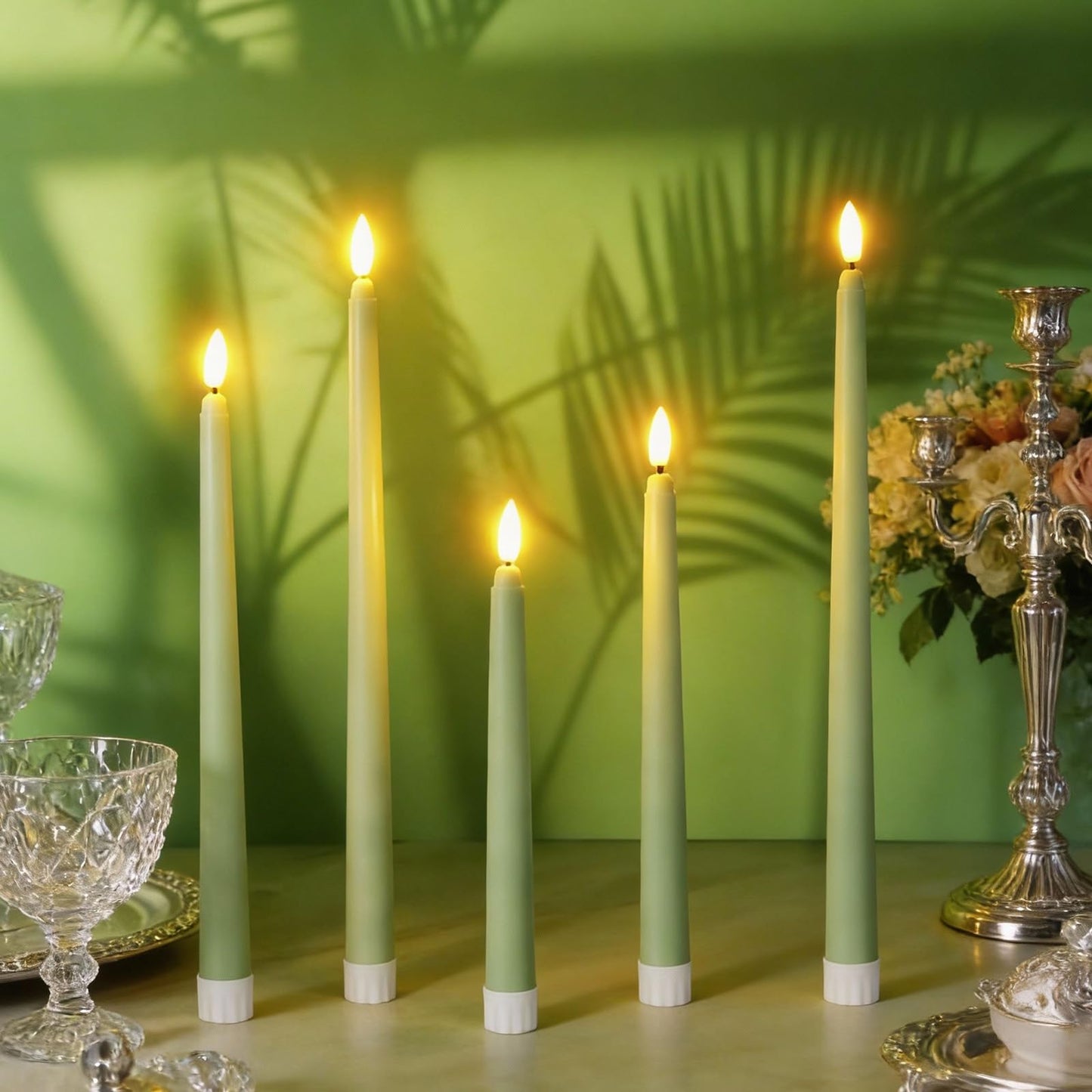 Rossesay 24 Pcs Flameless LED Taper Candles Battery Operated Candle 8.5", 9.65", 10.8", 12.8" Flameless Candlesticks Flickering for Christmas Church Wedding Indoor Decoration(Classic, Rat Tail Green)