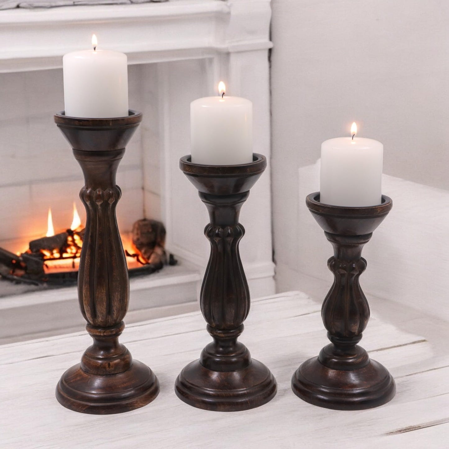 Hosley Set of 3 Dark Brown Wood Pillar Candle Holders 13 Inches 11 Inches and 9 Inches High Ideal for LED and Pillar Candles Gifts for Weddings Party Home Spa Reiki Aromatherapy