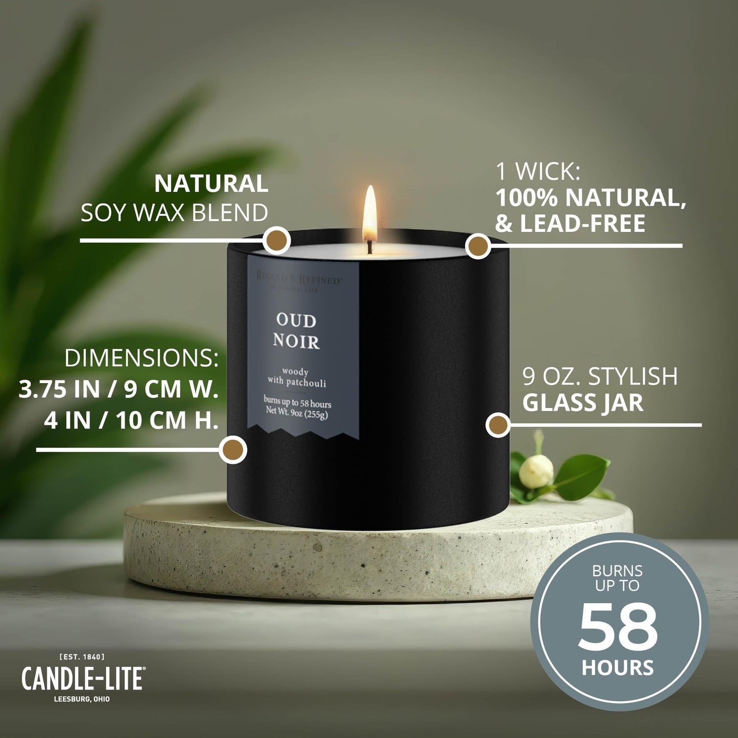 Candle-lite Rugged & Refined Scented Candle for Men, Oud Noir, 9 oz Tin, Poured in The USA, Masculine Fragrance, 1-Wick, 58 Hours of Burn Time, Ideal Gift for Man in Your Life & Father's Day