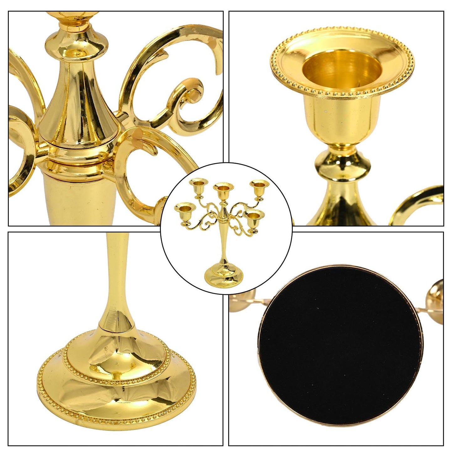 Gold 5 Arm Candelabra Candlestick 10.2 Inch Tall Metal Candle Holders Classic 5-arms Polished Taper Candle Holder Centerpieces for Home Decor Dining Tables Wedding Church Christmas Holiday Events