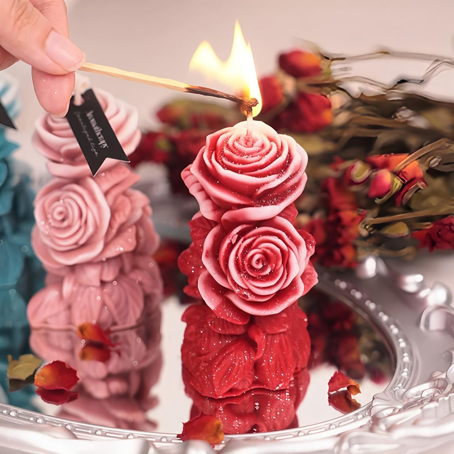 Rose Flower Shape Scented Candle,Red Rose Blossoming Floral Soy Wax Decorative Candle for Valentine's Day,Birthdays & Aesthetic Spaces,Romantic Engraved Pillar Low Temp Wax with Glitter