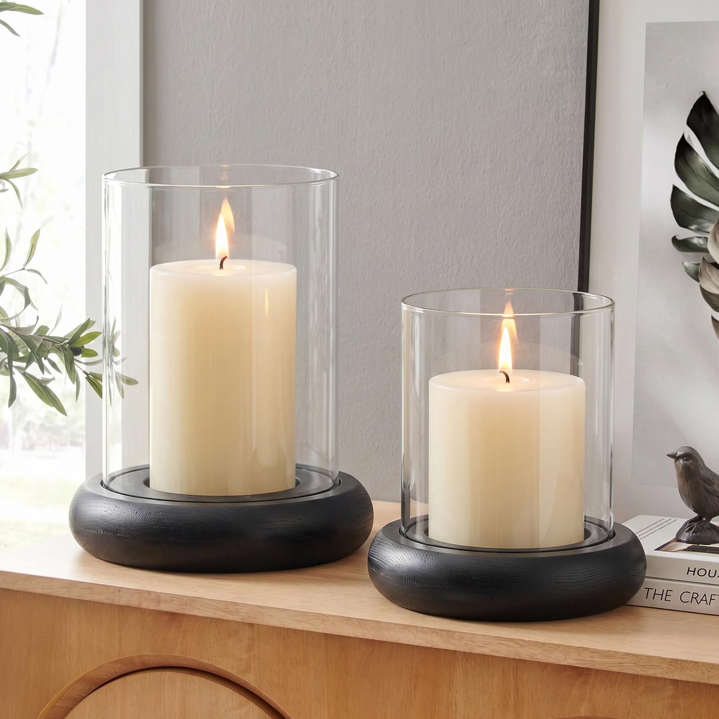 Set of 2 Black Hurricane Candle Holders with Wood Base, Modern Windproof Glass Cylinder Lantern, Farmhouse Pillar Candle Holder Decor for Table Centerpieces, Living Room, Patio & Kitchen Dining