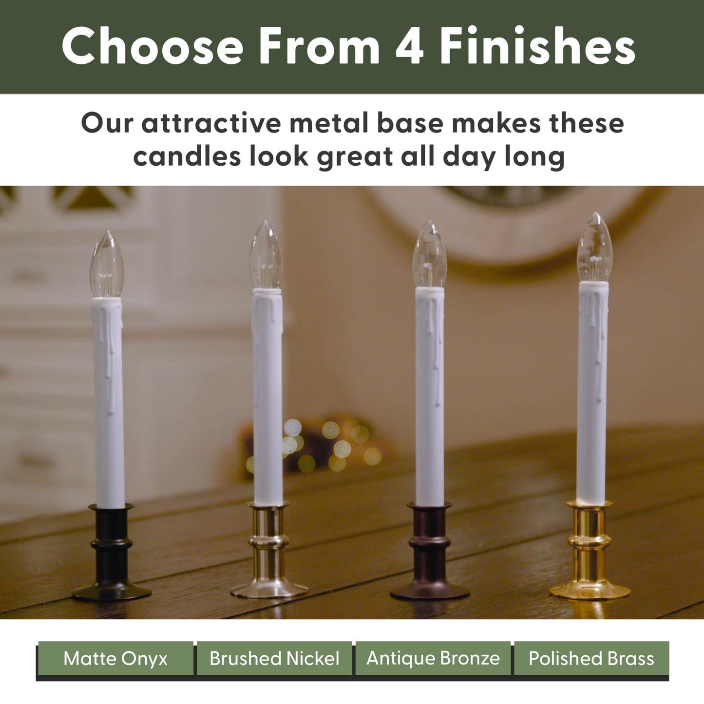 612 Vermont Ultra-Bright LED Window Candles with Timer, Battery Operated, Metal Base, White Candlestick, Adjustable Height (Pack of 4, Matte Onyx)