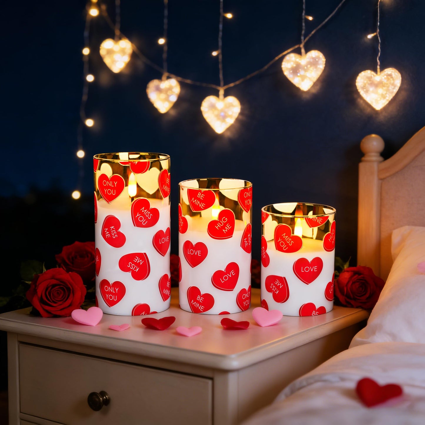 Lebaley 3PCS Valentine Flameless Candles with Remote,Valentine Candles,Love Heart Pillar Candle,Battery Operated LED Candles, Valentines Day Candles for Wedding Anniversary Romantic Night