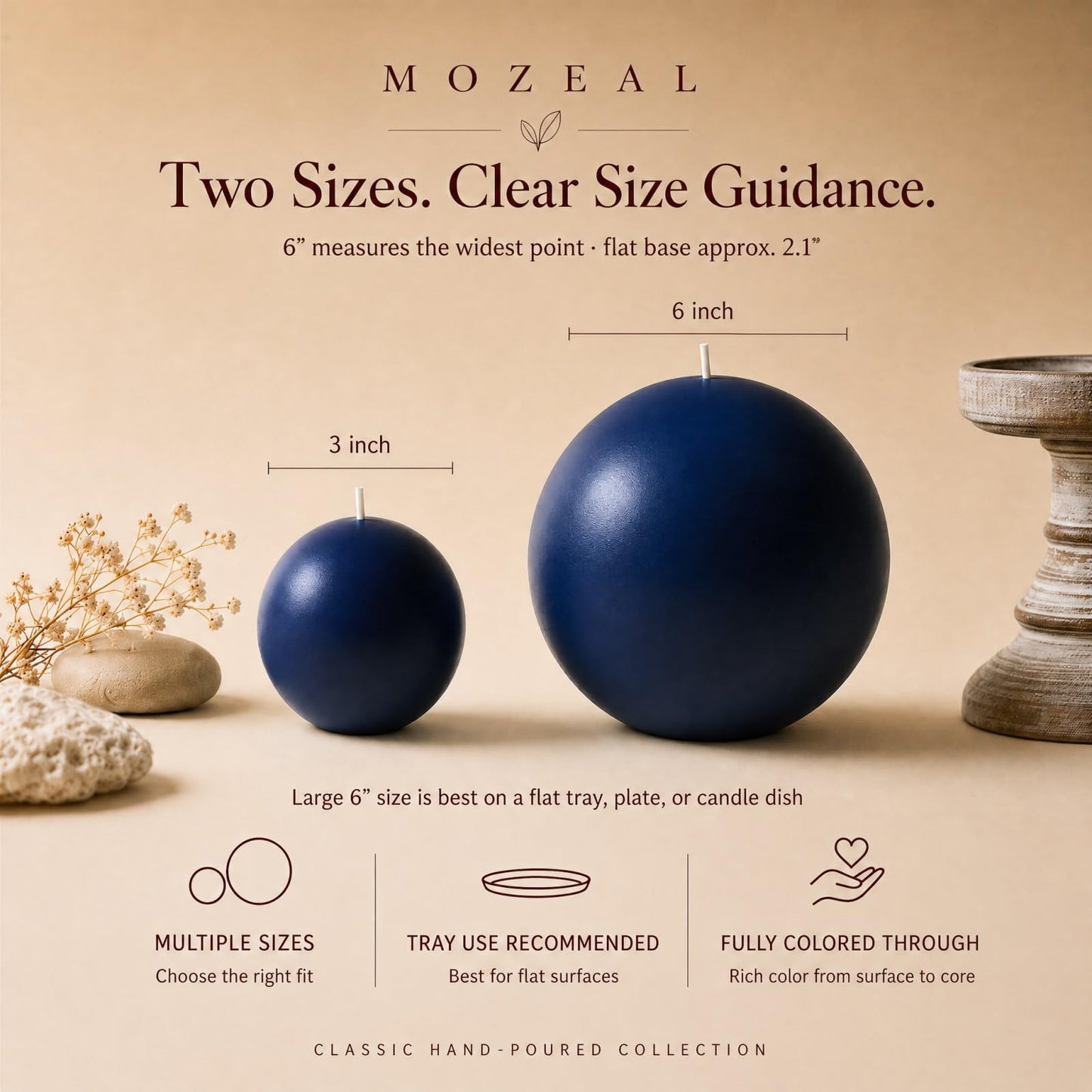 MOZEAL Hand-Poured, 3 Inch Navy Blue Round Ball Candles - Elegant Navy Blue Round Pillar Candles Set of 3, Dripless, Unscented, Smokeless, Ideal for Formal Events.