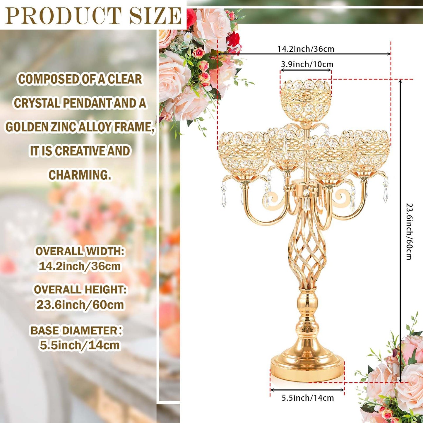 Elegant 5-Arm Candelabra Centerpiece with Crystal Pendants - 23.6 Inch Tall Table Centerpiece for Weddings, Parties, Home Decor for Mother’s Day, Holidays & Special Occasions (1, Gold)