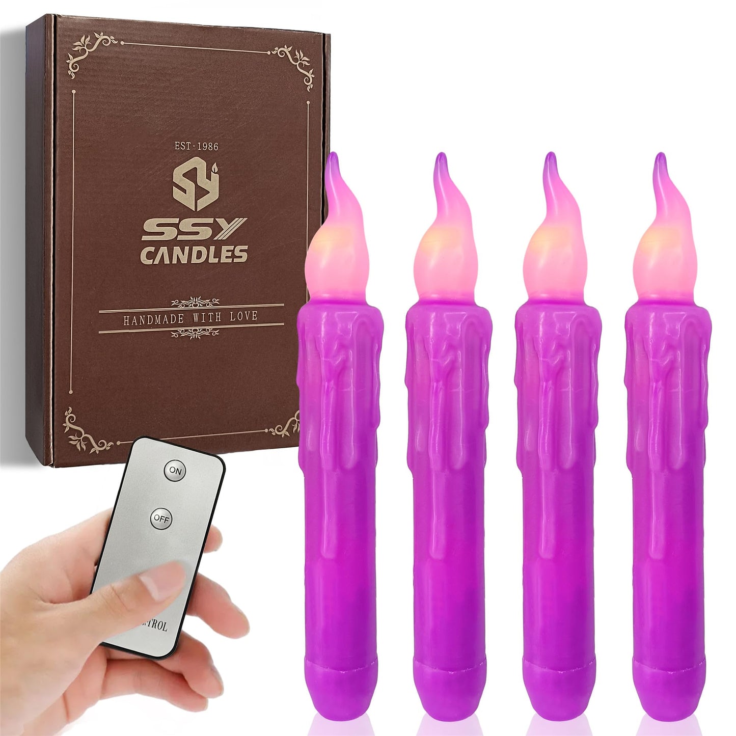Gedengni Magical Candlesticks Flameless Taper Candle, 4pcs Real Wax LED Tapered Candles Remote Dipped Candle 6inches Battery Chandelier for Enchanting Weddings Harry Potter Inspired Vigils (Purple)