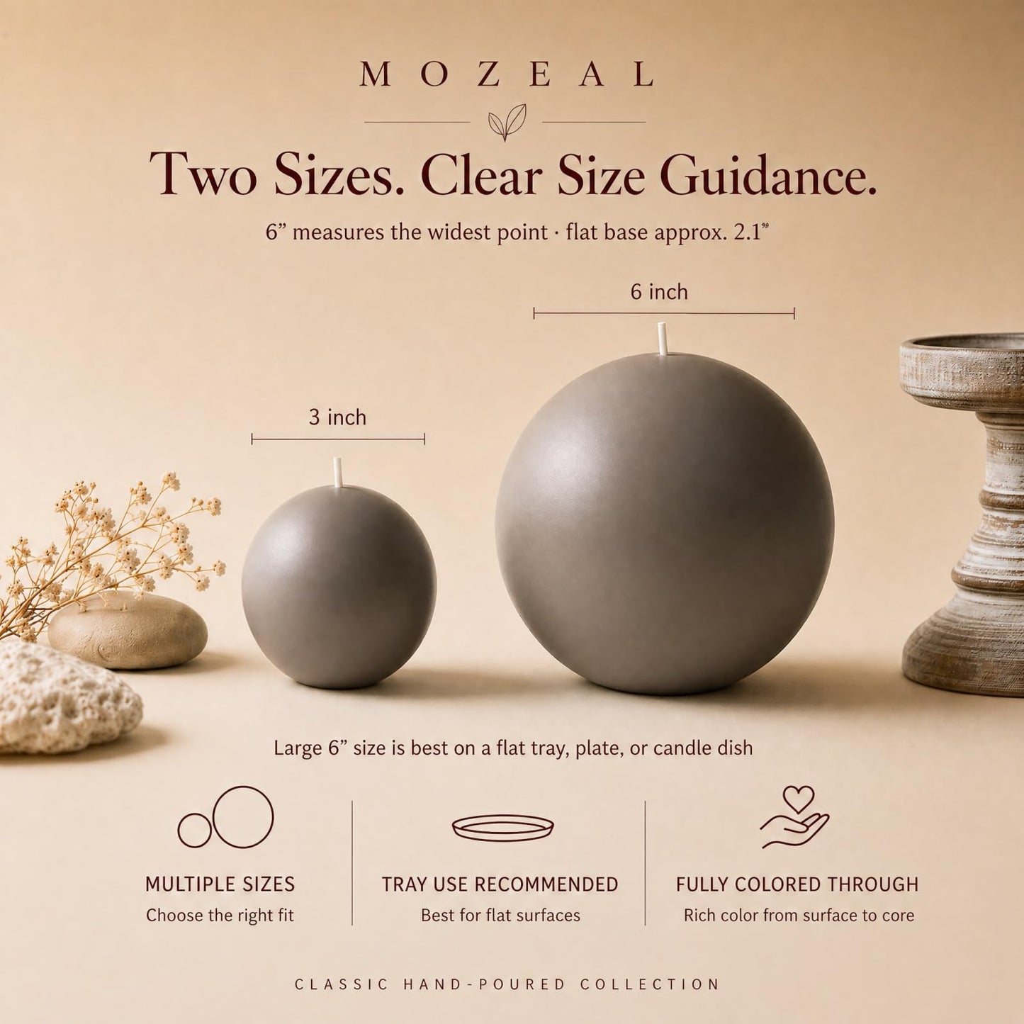 MOZEAL Hand-Poured, 6 Inch Taupe Large Round Ball Candles - Elegant Taupe Round Pillar Candles, Dripless, Unscented, Smokeless, Ideal for Modern Home Decor.