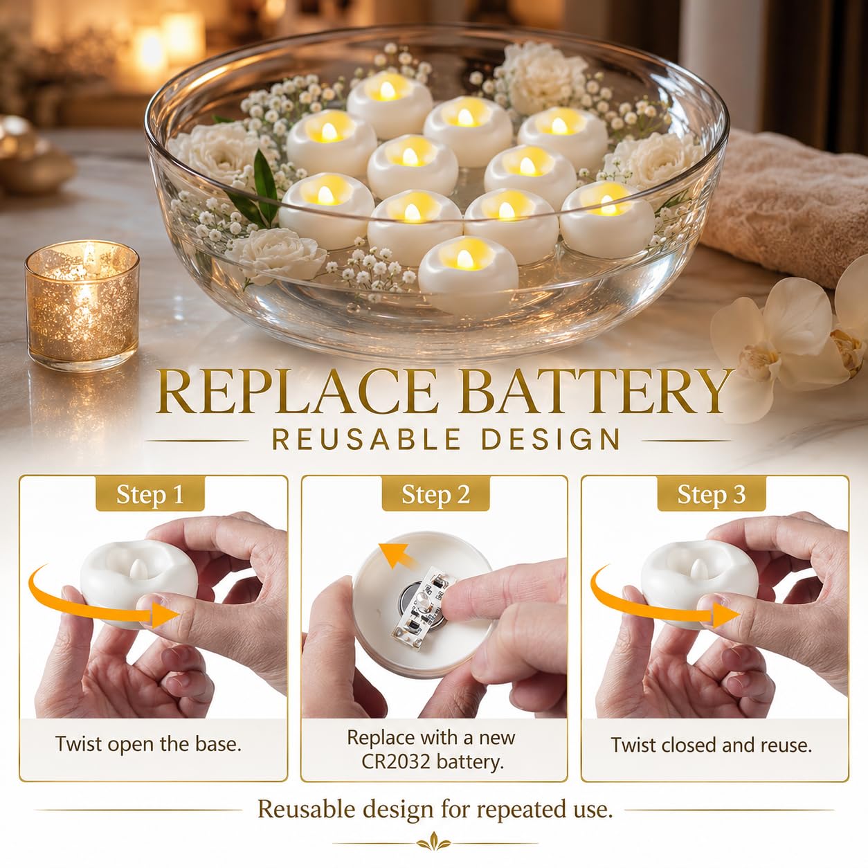 24 Pack 2.3” Flameless LED Floating Candles, Water-Activated Battery Operated Floating Candle with180+ Hours Runtime for Cylindrical Vase, Pool, Fountain - Ideal for Wedding, Party Decoration