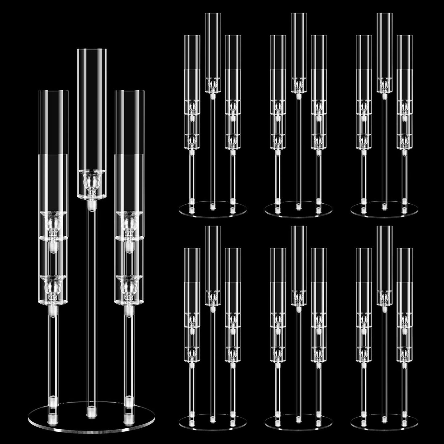 6 Set 5 Arm Acrylic Candelabra Centerpiece, Mjkeomo 27'' Tall Clear Candle Holder for Table, Wedding, Christmas, Fireplace Mantel Decor, Fits 0.82" LED Candles