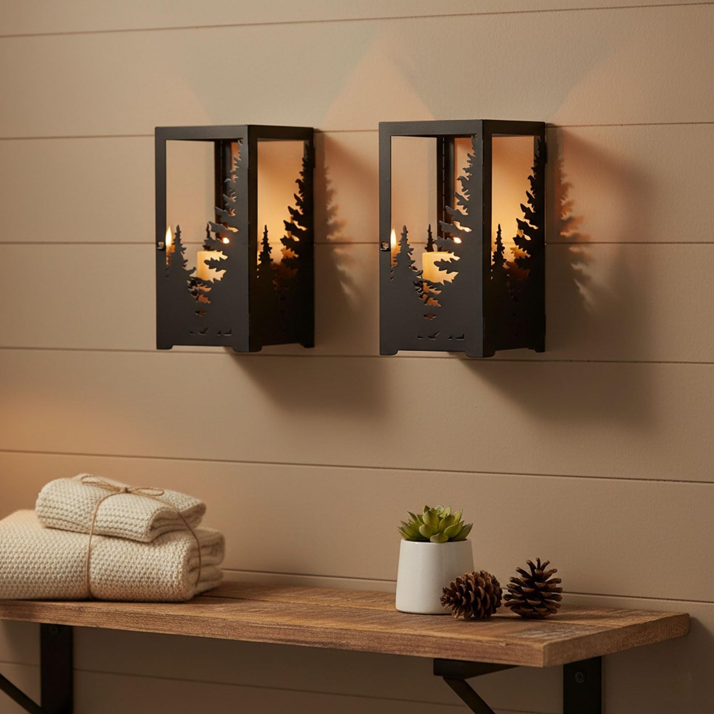 AIM & GGKK Wall Sconce Candle Holder - Set of 2 Black Forest Pine Tree Metal Rustic Candle Sconce for Wall Mount, Geometric Mountain Scene Wall Decor for Living Room, Bedroom