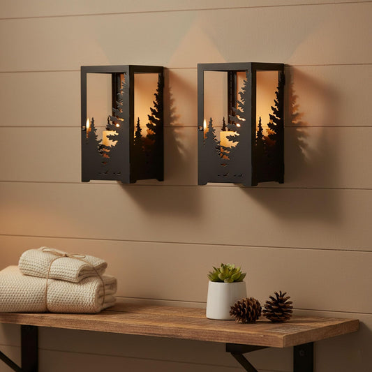 AIM & GGKK Wall Sconce Candle Holder - Set of 2 Black Forest Pine Tree Metal Rustic Candle Sconce for Wall Mount, Geometric Mountain Scene Wall Decor for Living Room, Bedroom