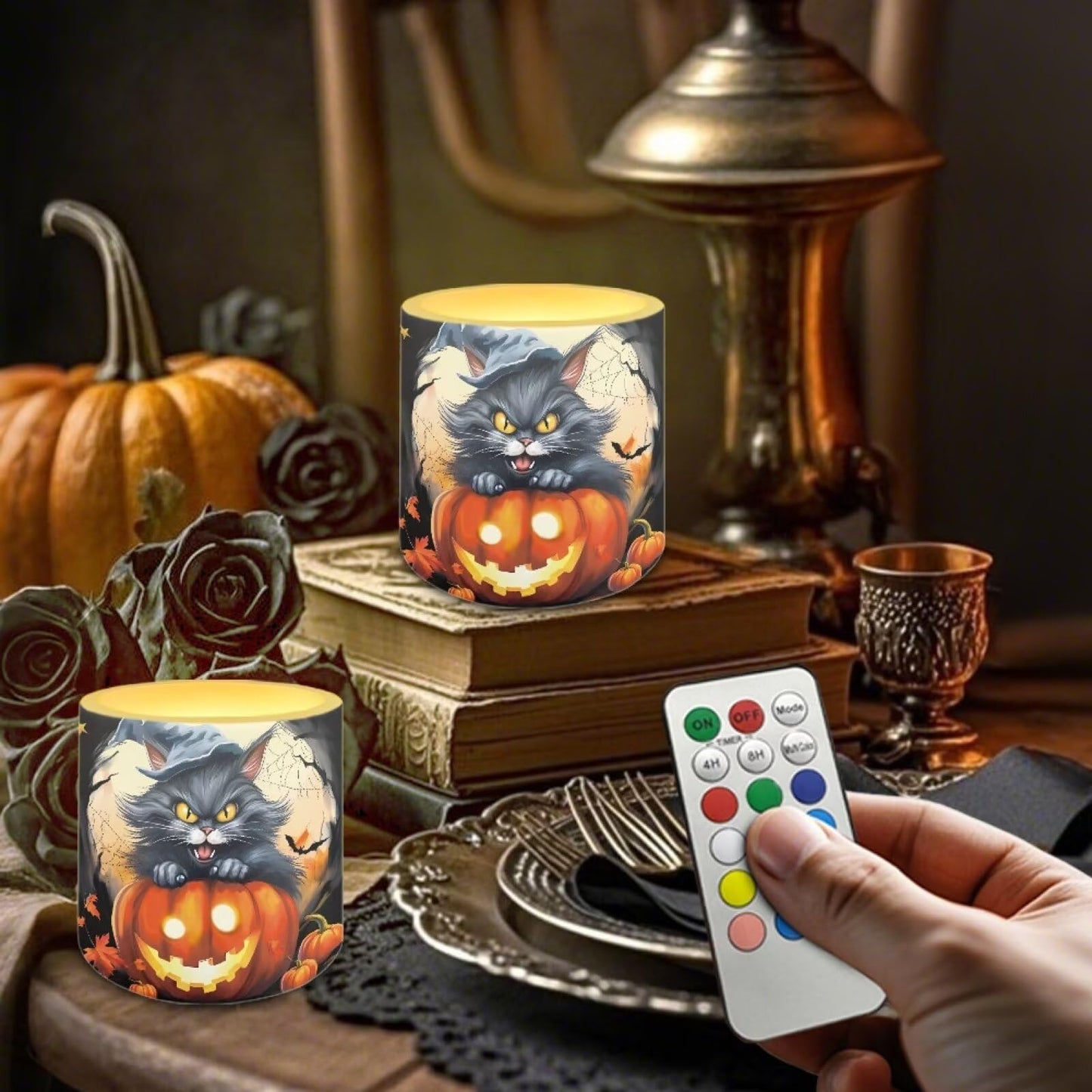 Merkmak Set of 4 Flameless Candles, Halloween Pumpkin Cat Battery Operated LED Candles with Timer Remote Control Tea Lights for Trick or Treat Party Home Decorations