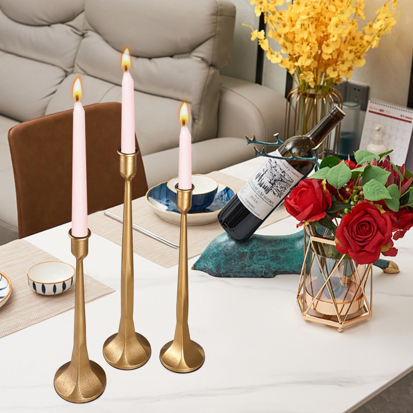 Iron Taper Candle Holder,Tall Gold Candlestick Holders Decorative Candle Stand,Candle Holder Set of 3