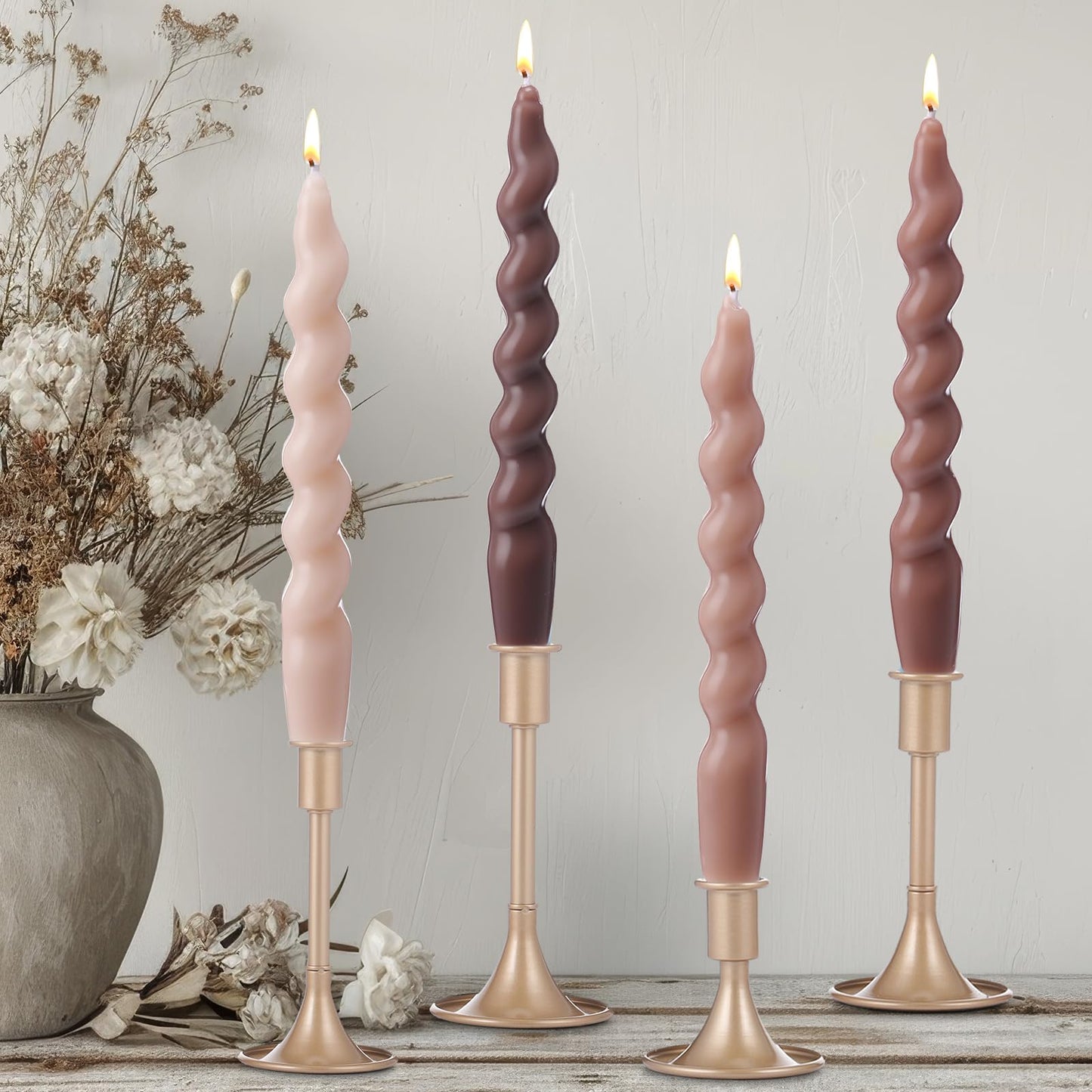 Zhengmy 4 Pcs Gradient Khaki Spiral Taper Candle 7 Inch Twisted Long Wax Dinner Candlestick for Fall Halloween Christmas Holiday Valentines Wedding Birthday Baby Shower Table Decor(Solid)