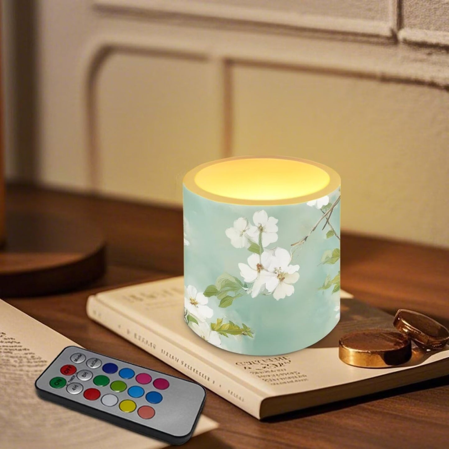 Cozeyat Mint Floral Flameless LED Candles 4 Pack Battery Operated with Remote Control Timer Pillar Candles Waterproof for Home Garden Use
