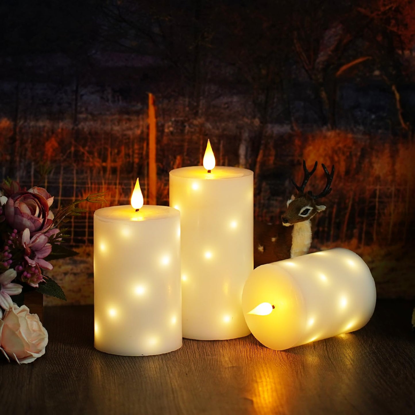 JINYANIA Flameless Candles with Embedded Star String, Real Wax Battery Operated Candles with Remote Timer, Flickering Pillar LED Candle Set for Home Decor Romantic Ambiance （White）