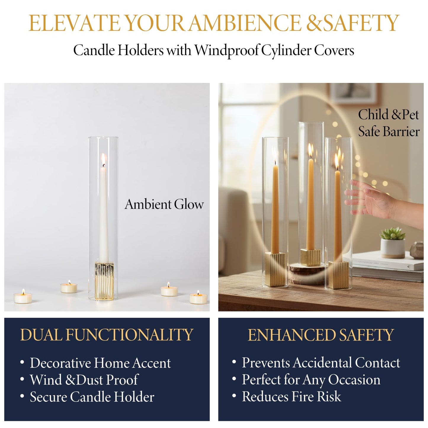 LETINE 14" Tall Hurricane Candle Holders with Gold Ribbed Taper Candle Holders Set of 3– Bulk Windproof Taper Candle Hurricane Glass for Outdoor&Indoors Wedding Centerpiece, Event & Home Decor