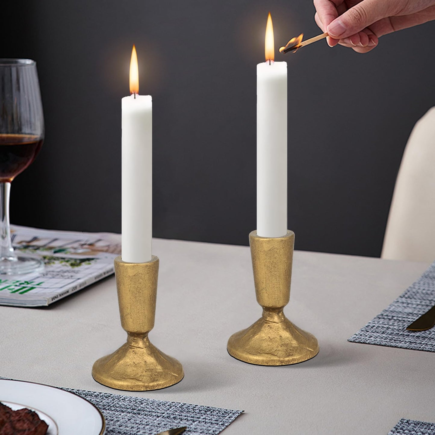 Mofunci Iron Taper Candle Holder Set of 2, Heavy Candle Stick Holders Gold Candle Holders for Table Centerpiece, Weddings, Mantel and Party Decor