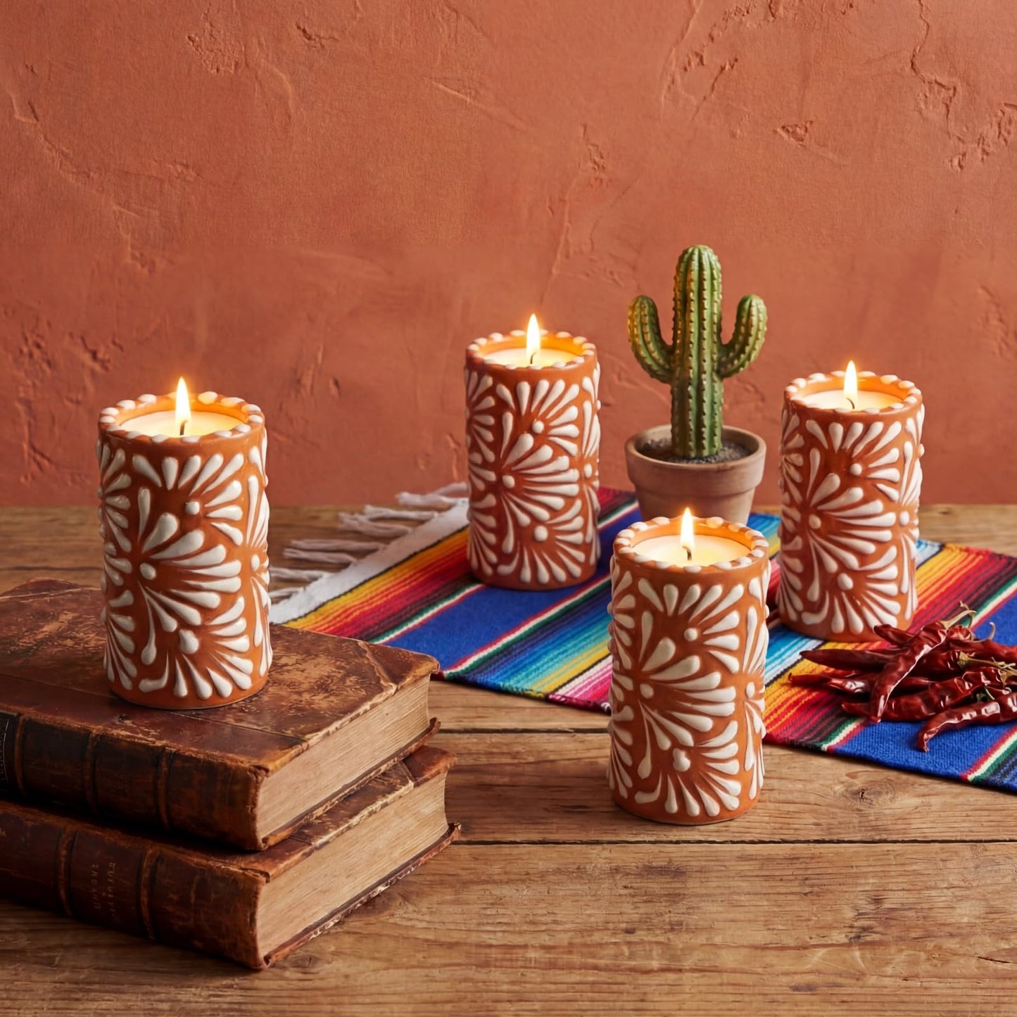 Lounsweer 4 Set Cielito Lindo Party Decorations Mexican Tequila Candle Talavera Mugs Candle for Fiesta Cinco De Mayo Birthday Bridal Shower Bachelorette May 5th Party Home Decor(Brown)