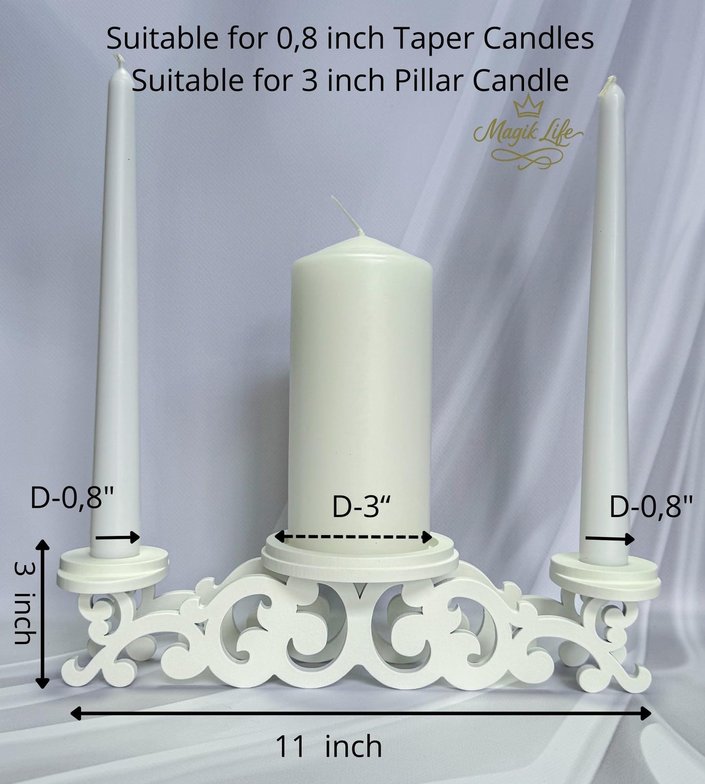 Magik Life Wooden Unity Candle Holder – Solid One-Piece Triple Candle Stand – Handcrafted from Natural Wood – Painted in Safe Premium White Finish – Fits 2 Taper (0.80”) & 1 Pillar Candle (3”)