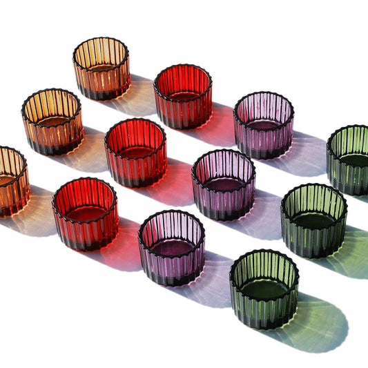 VOHO 4 Colors Tealight Candle Holder Fall Decor Set of 12, Votive Candle Holders for Table Centerpiece, Ribbed Tea Light Candle Holder Glass for Halloween/Thanksgiving/Christmas Decorations/Gifts