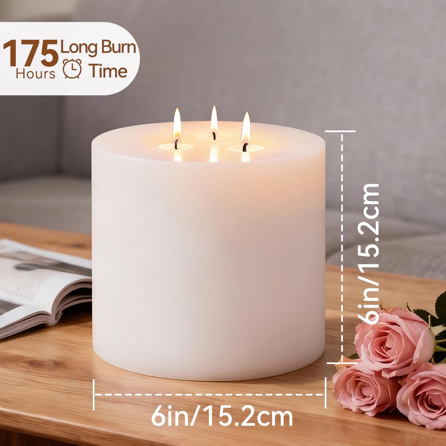 Extra Large Pillar Candles 3 Wick Unscented White Candles Emergency Pillar Candle 175 Hours Long Burning Candle 6" x 6" Dripless Smokeless Dinner Candles for Home Party Wedding