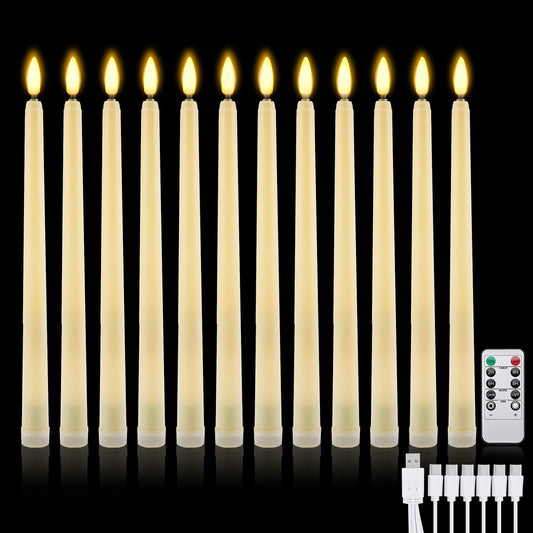 IMAGE Rechargeable Flameless Taper Candles with Remote, 12 Pcs LED Candlesticks 3D Wick Ivory Taper with Timer Flickering Function for Home, Wedding, Birthday Halloween Christmas (Corded Electric)