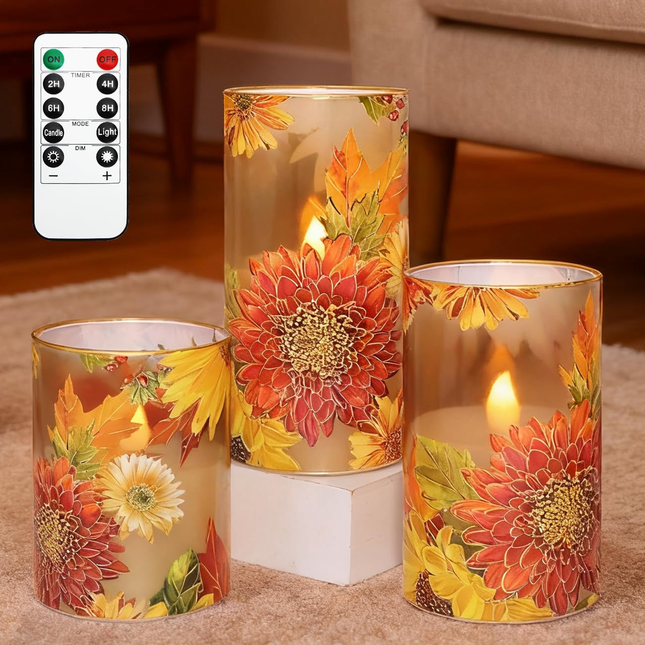 Silverstro Flameless Candles Chrysanthemum Decal with Remote & Timer - Real Wax Flickering Battery Operated Candles - Home Farmhouse Holiday Spring Decorations - Set of 3
