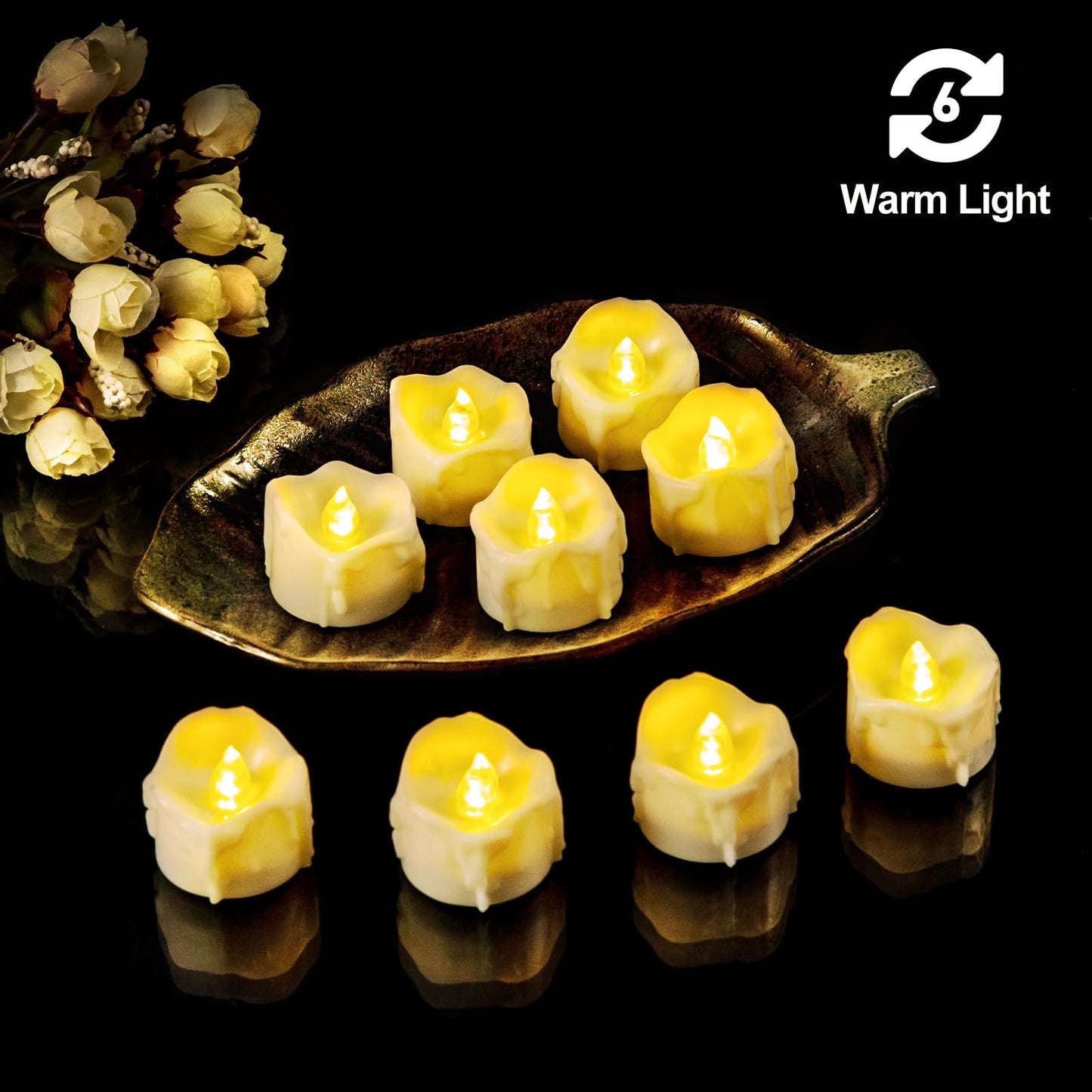 Windshell Warm White Flickering Flame Tea Lights with Auto 6H Timer (No Remote), Melting Design (Ivory Base), Battery Operated LED Flameless Tealight Candles for Wedding Party Christmas, 12 Pack